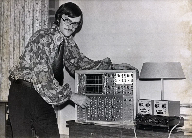 David Rosenboom with his Neurona biofeedback system, 1970s
