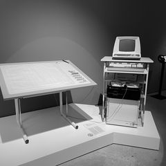 The UPIC system's drawing table and computer console on museum display