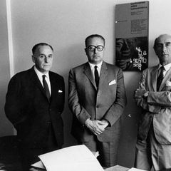 Musicologist Lauro Ayestarán with composers Alberto Ginastera (center) and Alfonso Letelier (right), members of CLAEM's first scholarship jury, Buenos Aires, 1962