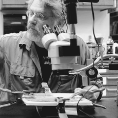 David Dunn working with electronics and a microscope in his studio