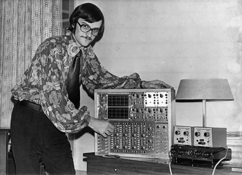 David Rosenboom with his Neurona biofeedback system, 1970s