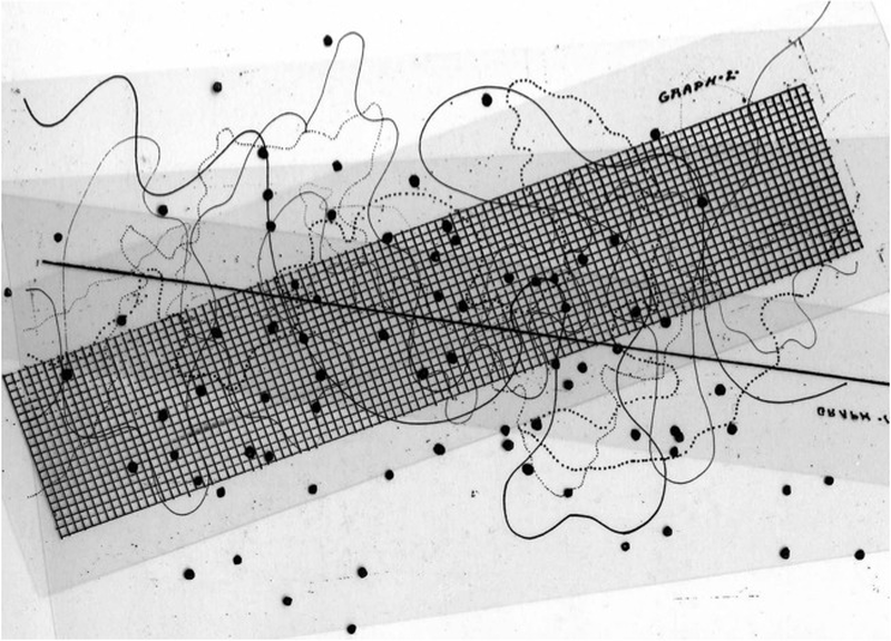 Overlaid transparent score sheets for Fontana Mix, showing grids, dotted curves, and point patterns