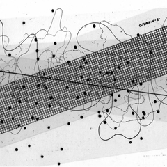 Overlaid transparent score sheets for Fontana Mix, showing grids, dotted curves, and point patterns