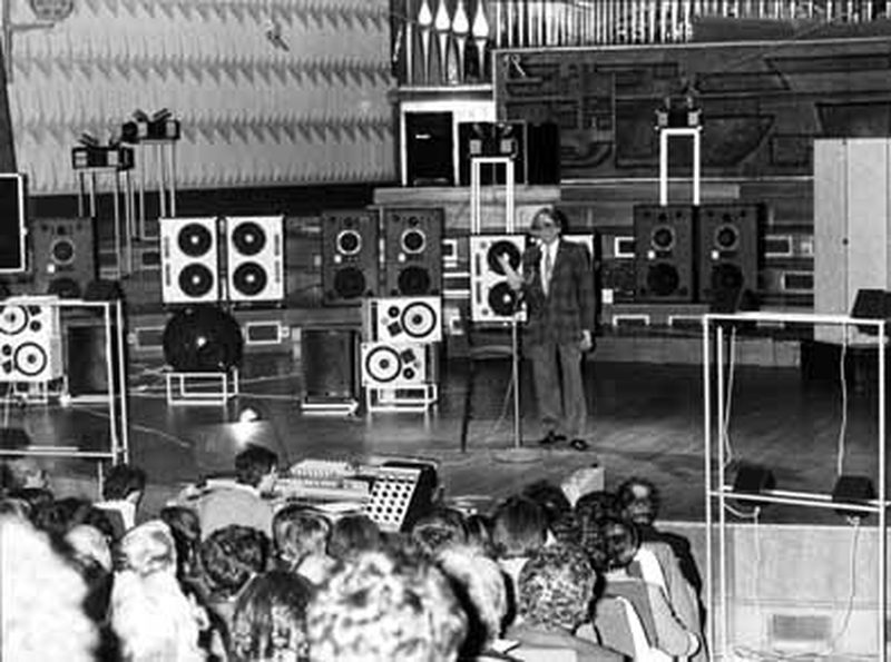 Pierre Schaeffer presenting the GRM's Acousmonium speaker system