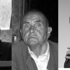 Individual portraits of Harmonia's three members: Dieter Moebius, Hans-Joachim Roedelius, and Michael Rother