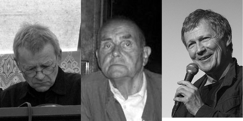 Individual portraits of Harmonia's three members: Dieter Moebius, Hans-Joachim Roedelius, and Michael Rother