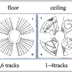 Diagram of the ceiling and floor speaker spatialization patterns in Hibiki-Hana-Ma