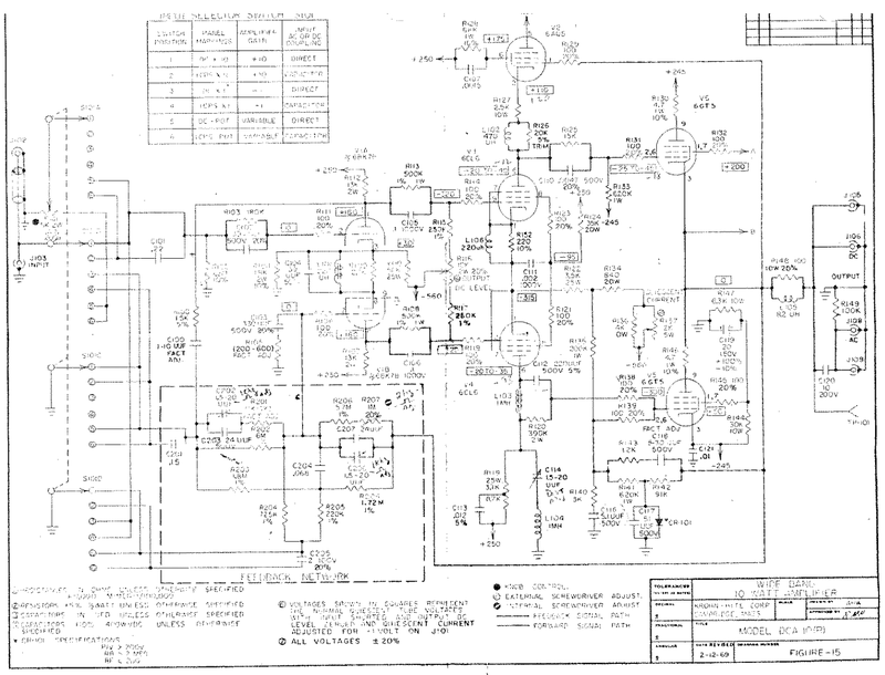 Schematic for the Krohn-Hite DCA-10 wide-band 10-watt amplifier