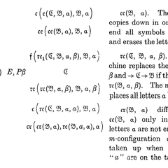 A page of Turing's paper showing abbreviated machine tables for copying and replacing symbols on the tape