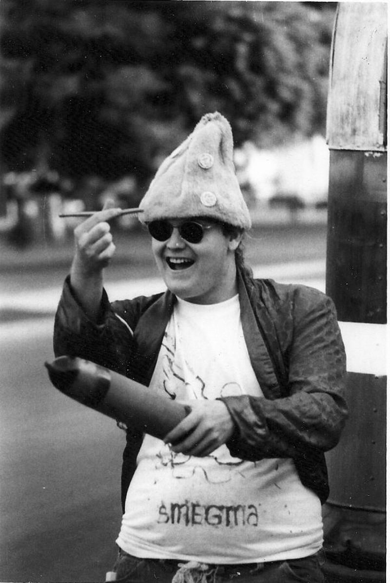 A Smegma member wearing a hand-painted SMEGMA t-shirt, Coronado Island, 1974