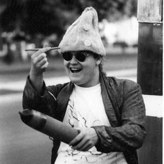 A Smegma member wearing a hand-painted SMEGMA t-shirt, Coronado Island, 1974