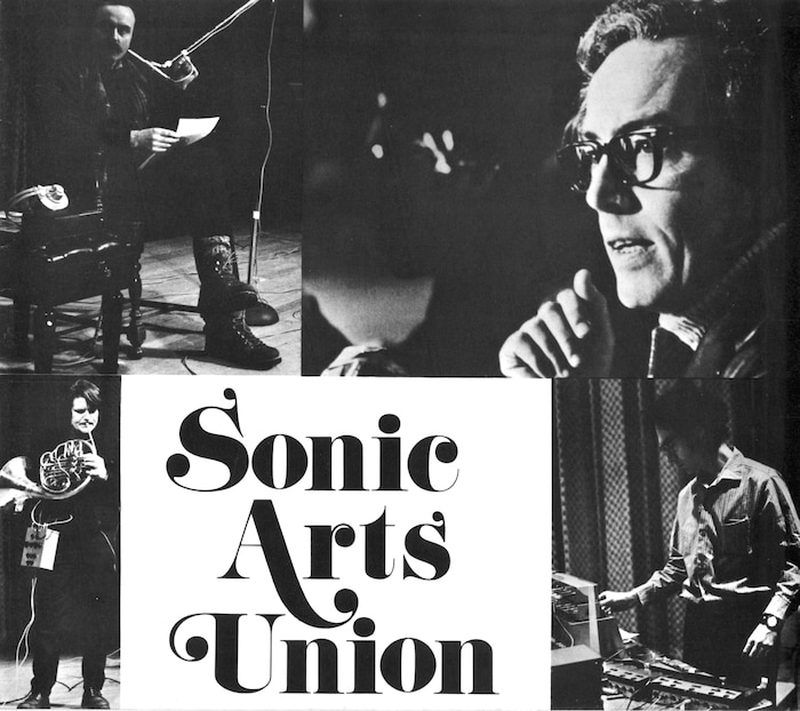 Sonic Arts Union performing and portrait collage: Alvin Lucier, Robert Ashley, Gordon Mumma, and David Behrman
