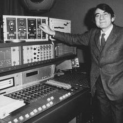 Pierre Schaeffer at the Studio 54 mixing desk, adjusting a Moog synthesizer, with a Coupigny synthesizer in the row below