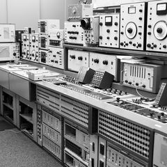 The studio's custom-made 1970s mixing console and equipment racks, including an EMS Synthi 100