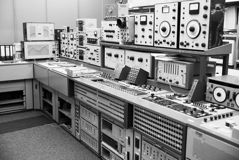 The studio's custom-made 1970s mixing console and equipment racks, including an EMS Synthi 100