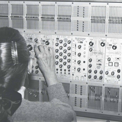 Éliane Radigue at her ARP 2500 synthesizer