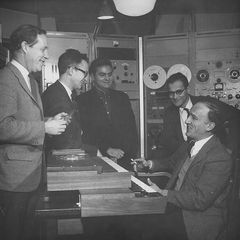 Charles Hamm, Lejaren Hiller, Salvatore Martirano, Herbert Brün, and Kenneth Gaburo in the Experimental Music Studios, University of Illinois, 1960s