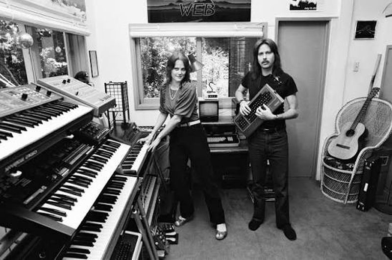 Emerald Web — Kat Epple and Bob Stohl — in their studio, surrounded by synthesizers