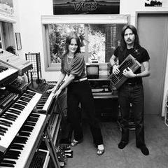 Emerald Web — Kat Epple and Bob Stohl — in their studio, surrounded by synthesizers