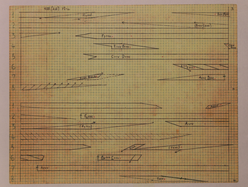 Page three of John Cage's handwritten Williams Mix score (1952)
